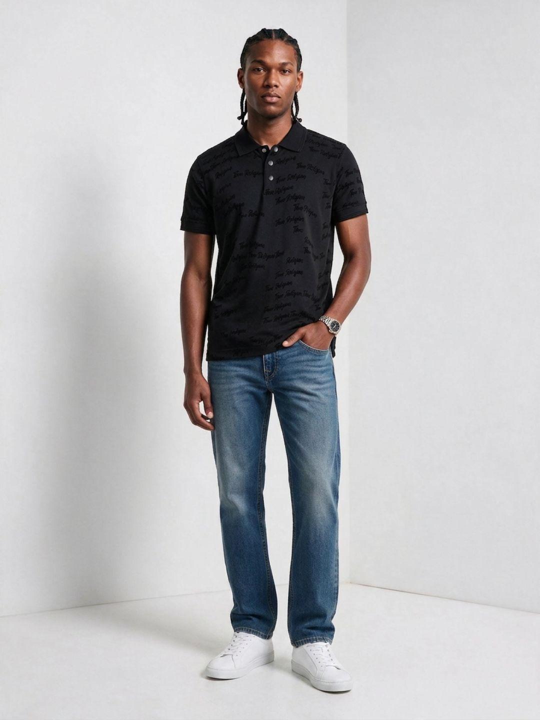 True Religion Men Black Jaquard Regular Fit Cotton Polo T-Shirt