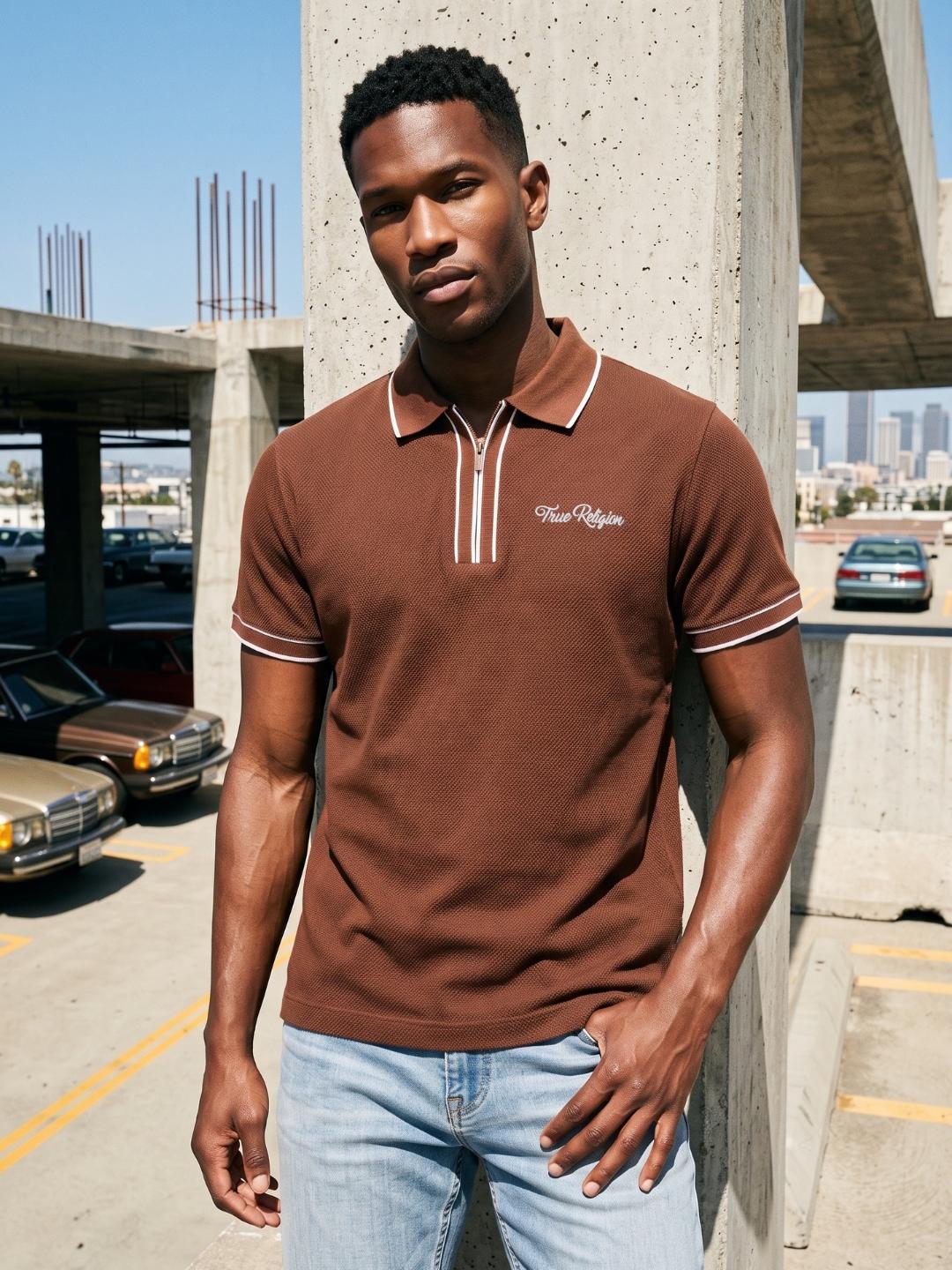 True Religion Men Rust Solid Regular Fit Polo T-Shirt