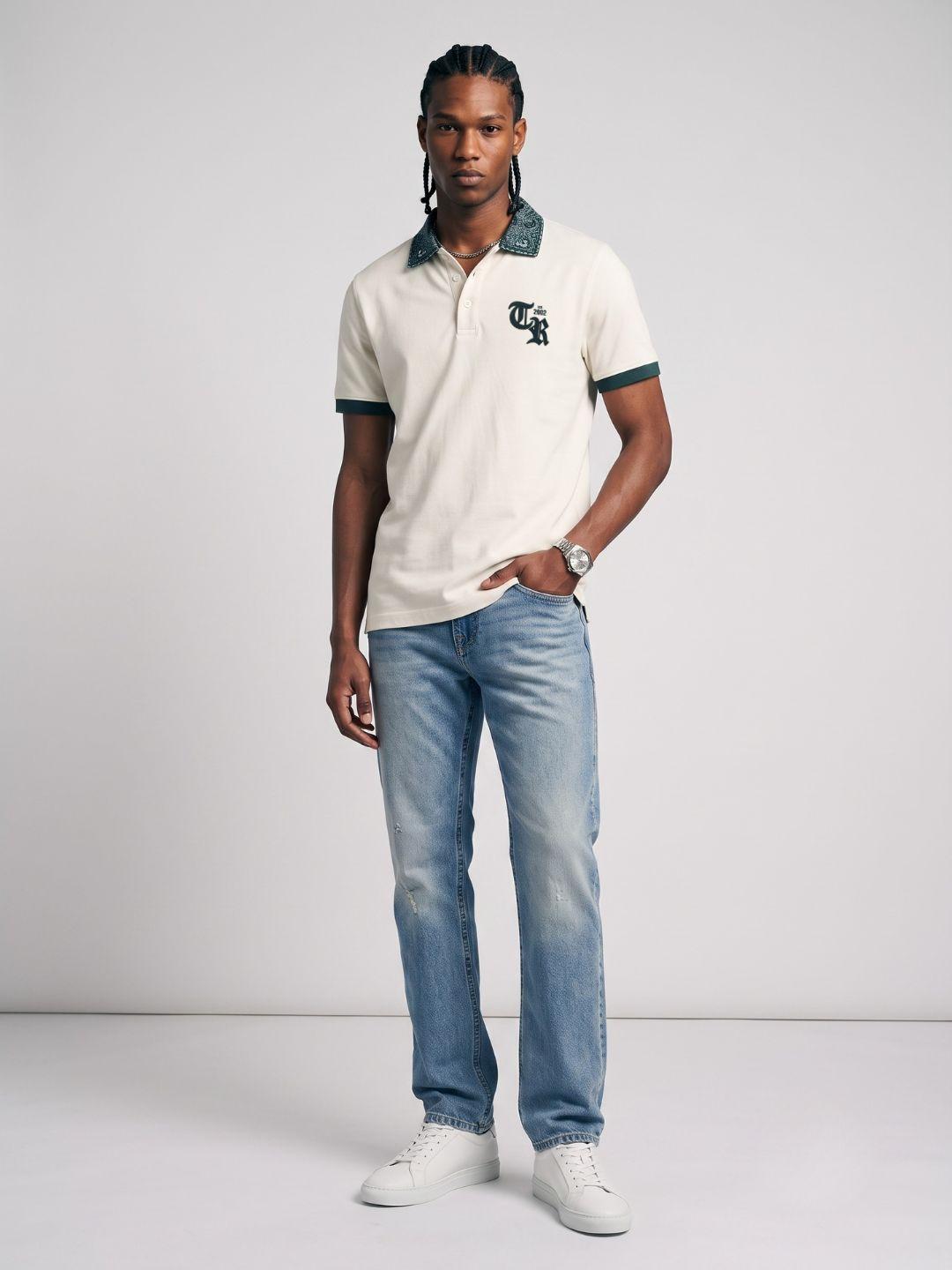True Religion Off White Regular Fit Solid Pure Cotton Polo Tshirt