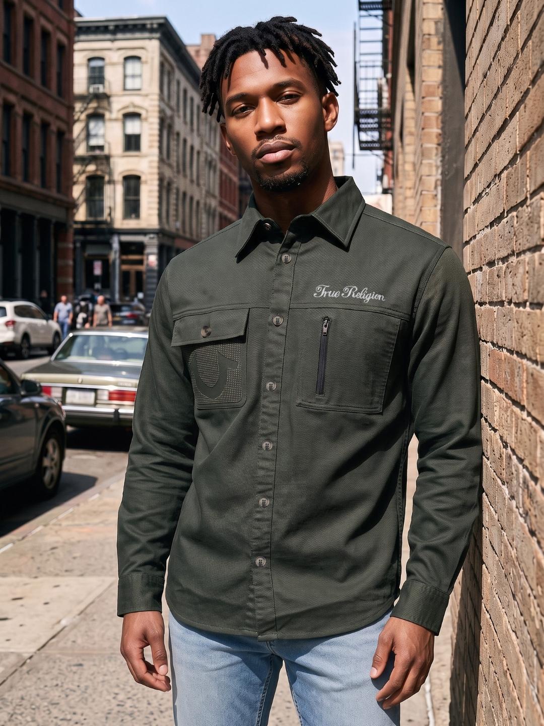 True Religion Men Olive Regular Fit Solid Shirt