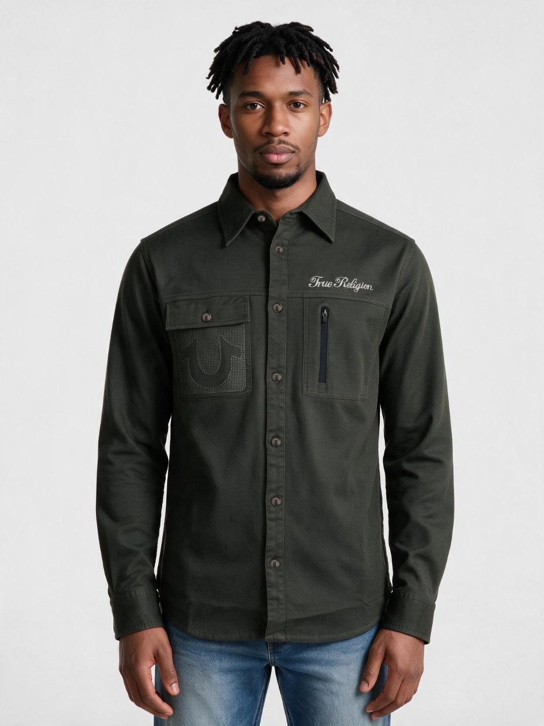 True Religion Men Olive Regular Fit Solid Shirt
