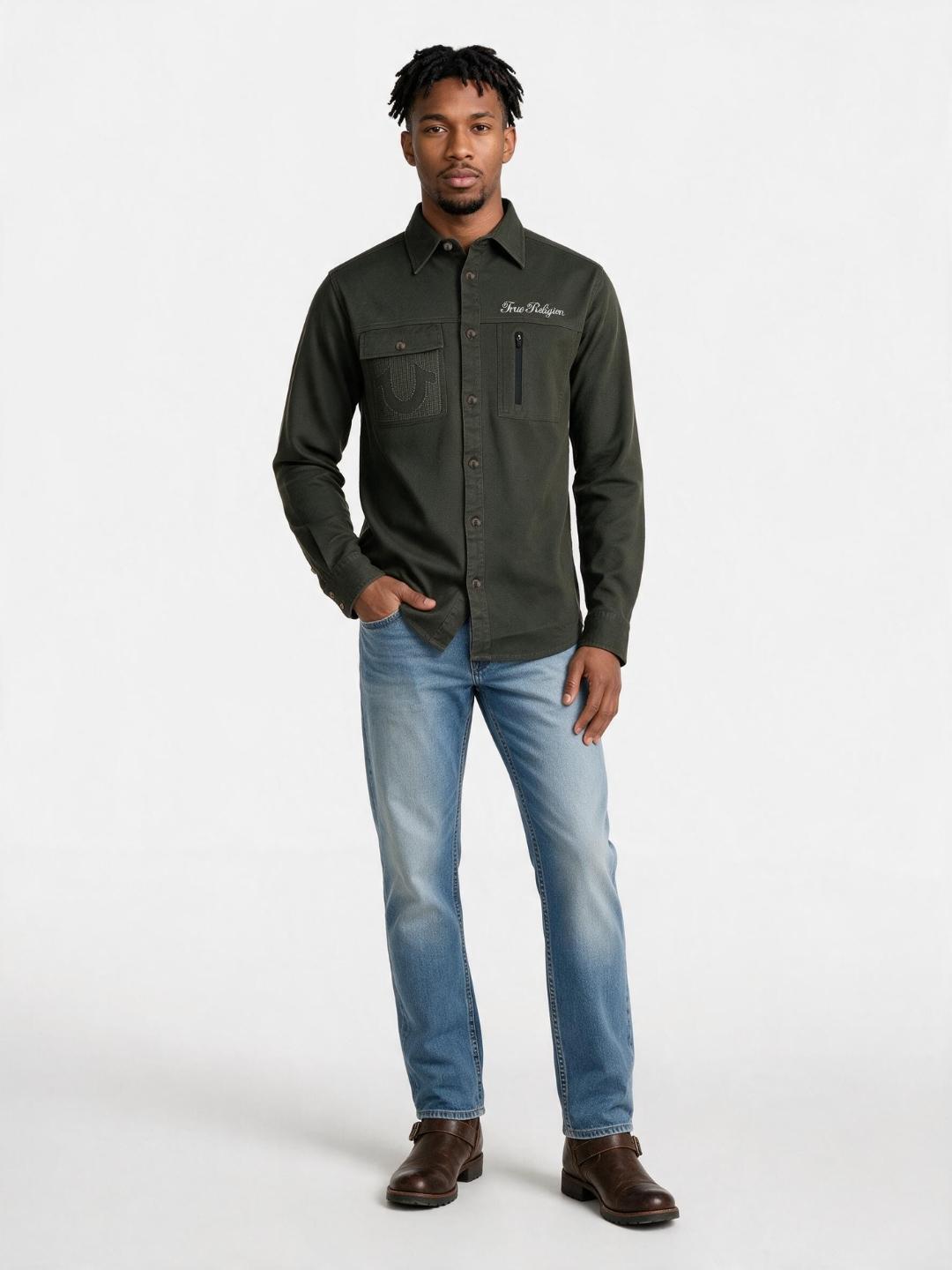 True Religion Men Olive Regular Fit Solid Shirt