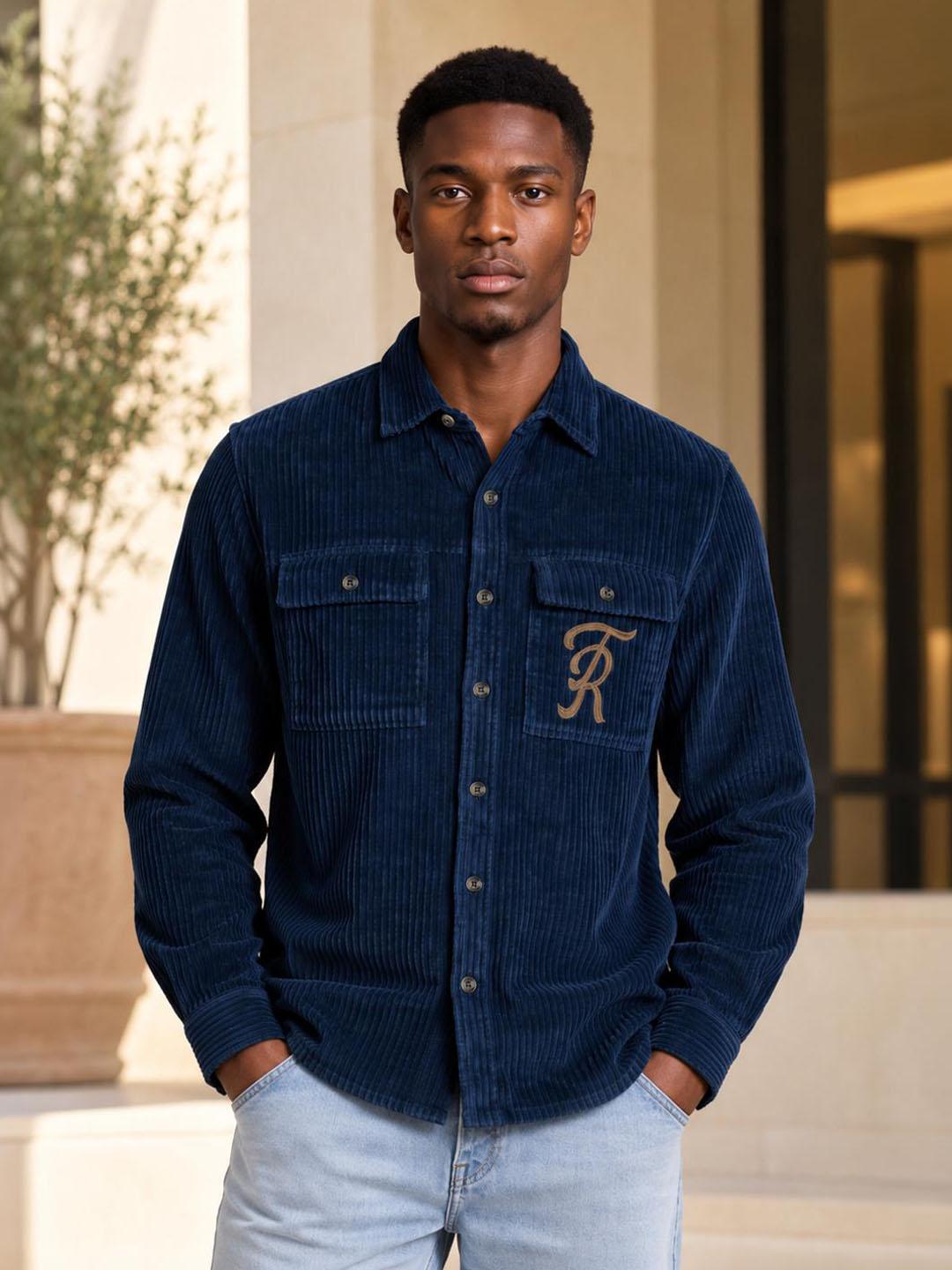 True Religion Men Navy Blue Solid Regular Fit Cotton Shirt
