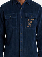 True Religion Men Navy Blue Solid Regular Fit Cotton Shirt