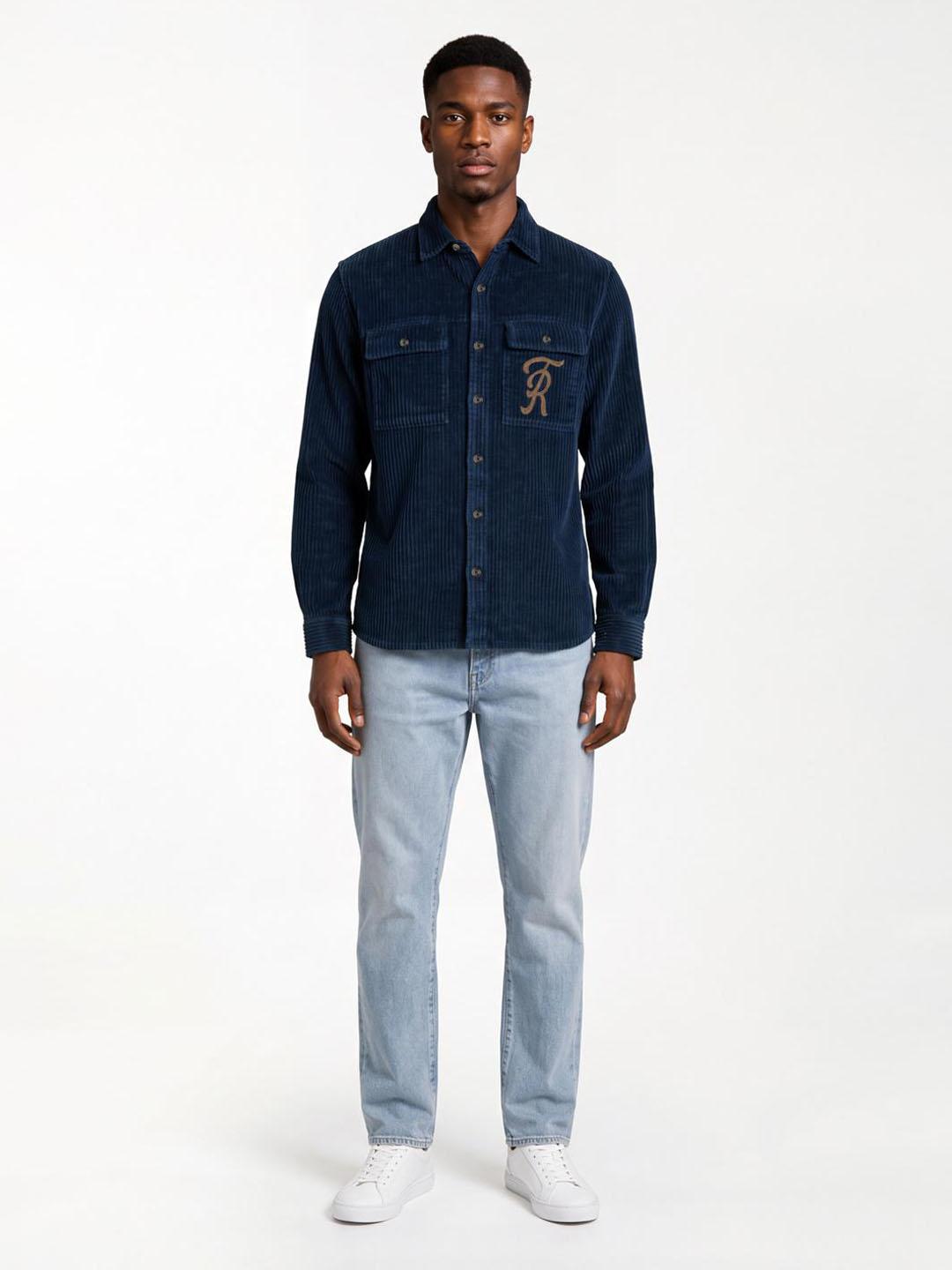 True Religion Men Navy Blue Solid Regular Fit Cotton Shirt