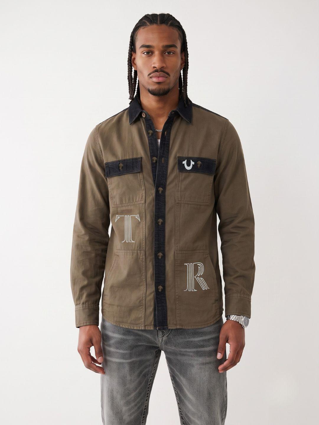 True Religion Men Khaki Regular Fit Graphic Cotton Shirt