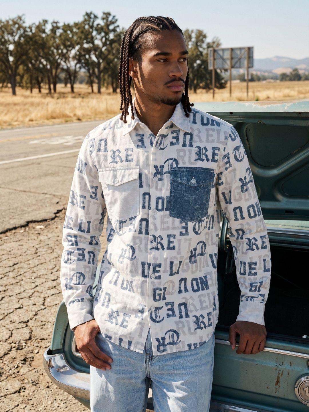 True Religion Off White Regular Fit Printed Pure Cotton Shirt