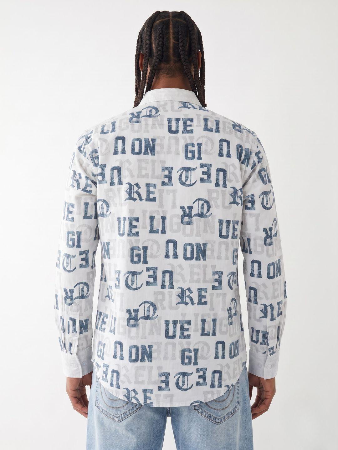True Religion Off White Regular Fit Printed Pure Cotton Shirt