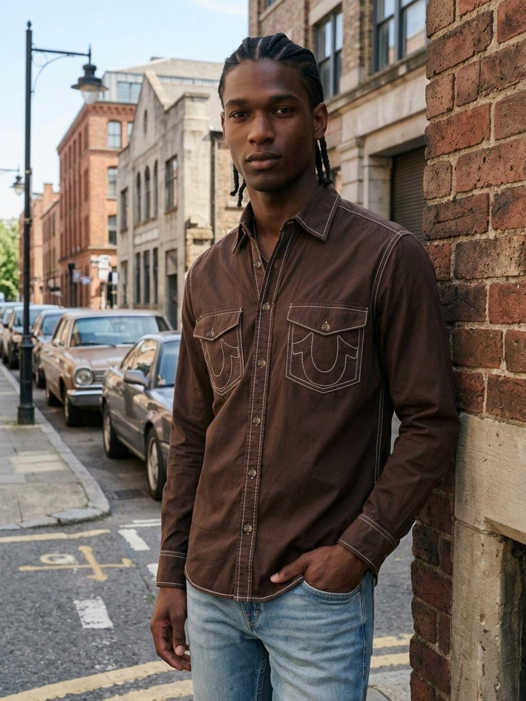 True Religion Men Brown Solid Regular Fit Shirt