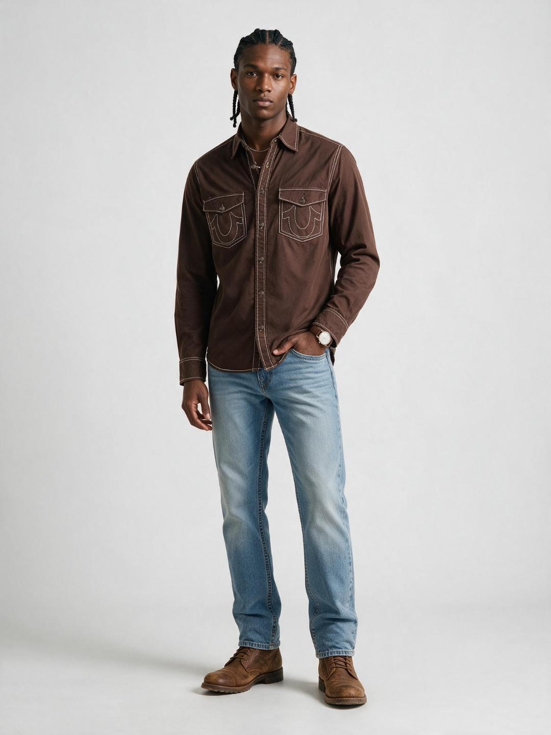 True Religion Men Brown Solid Regular Fit Shirt