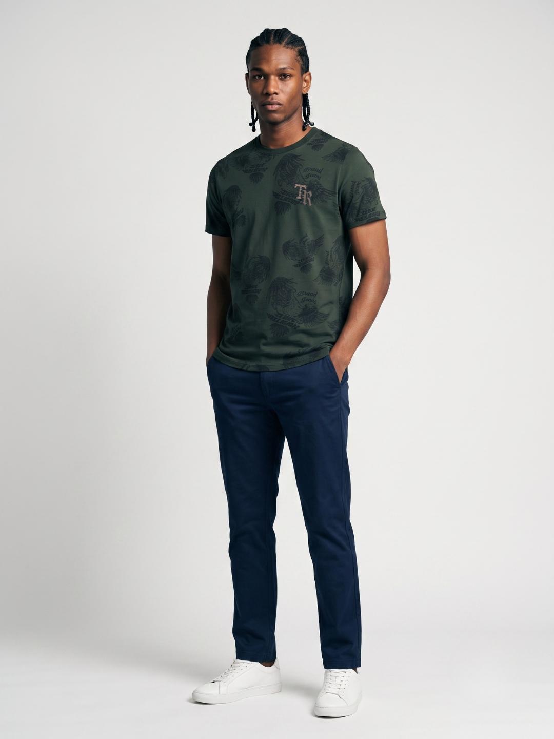 True Religion Men Olive Regular Fit Printed Cotton Blend Tshirt