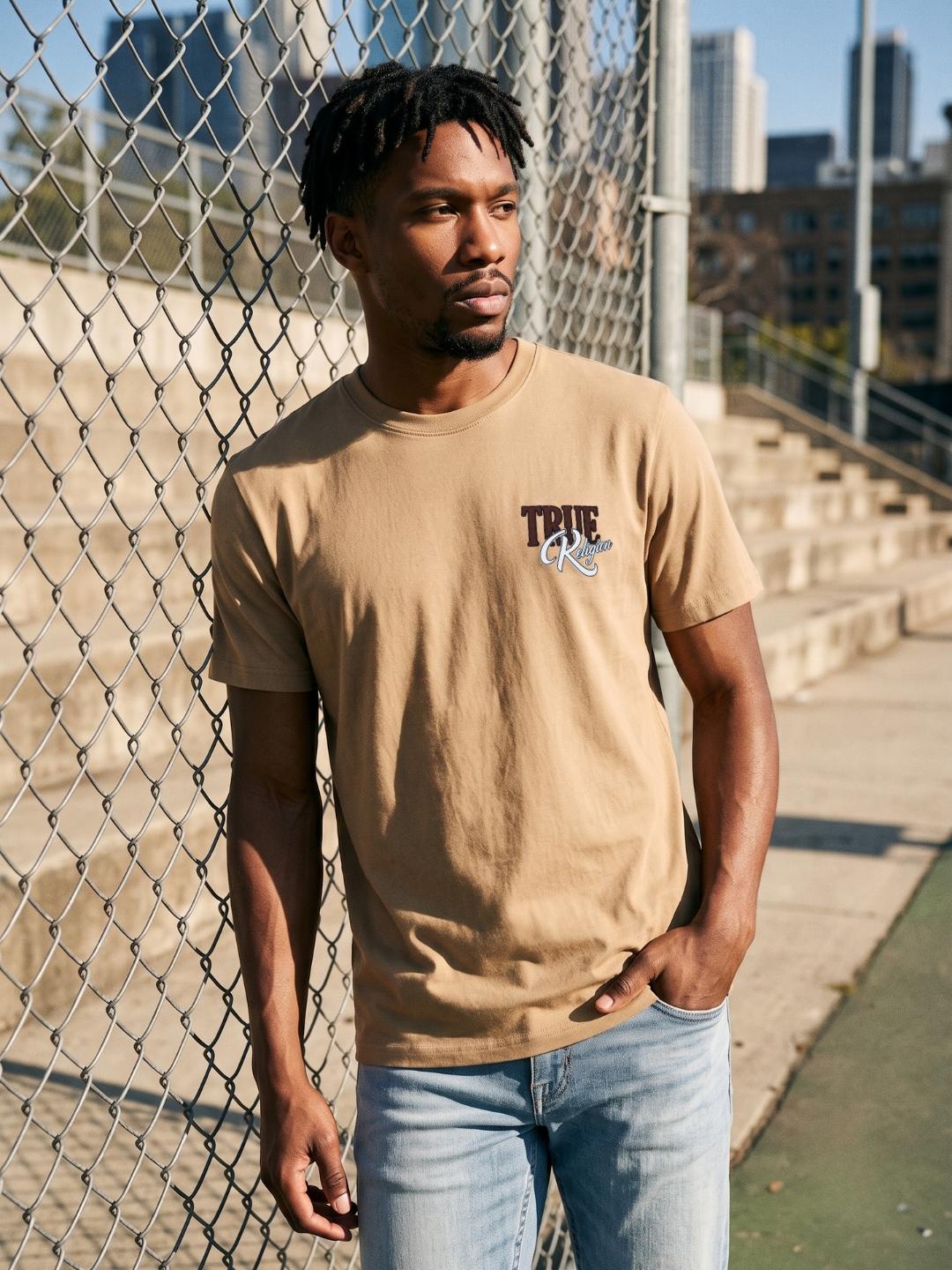 True Religion Khakhi Regular Fit Solid Pure Cotton Tshirt