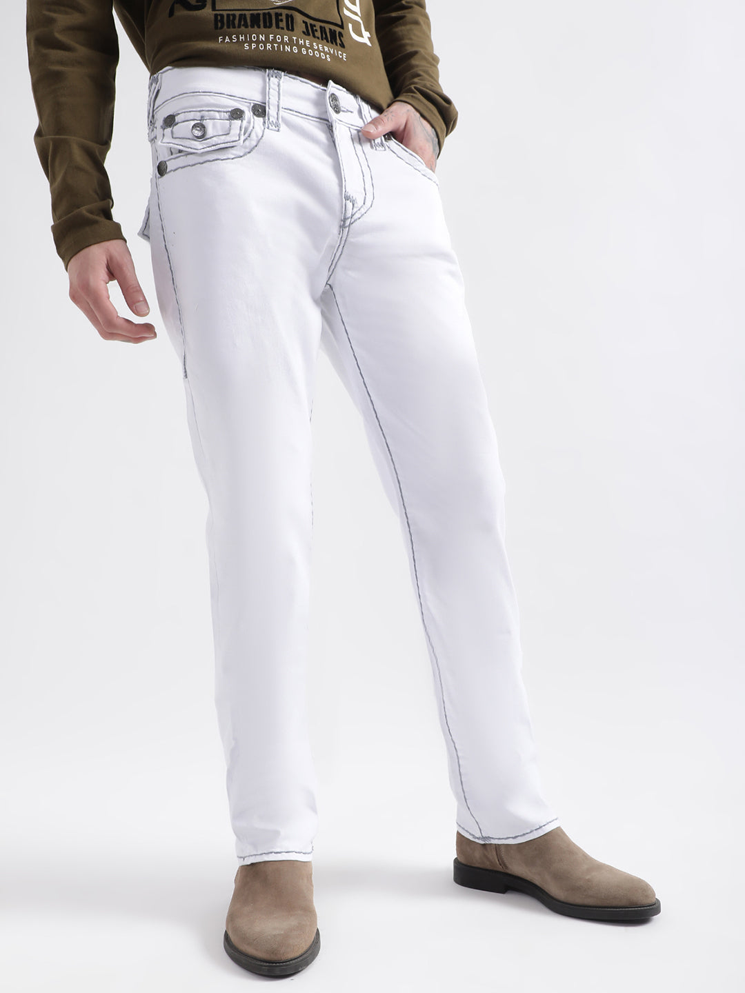 True Religion Super T Straight White Mid Rise Jeans