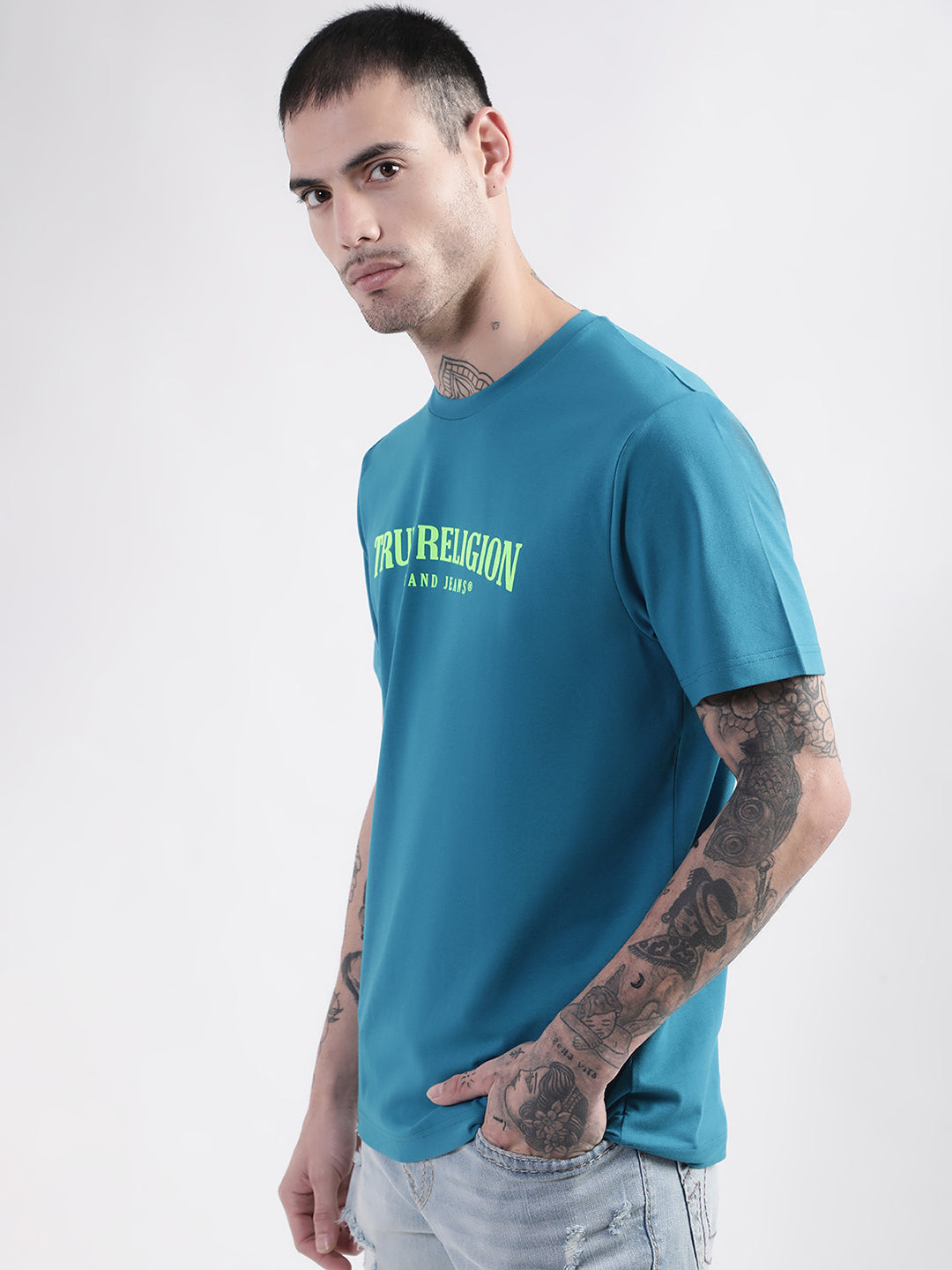 True Religion Teal Typographic Logo Regular Fit T-Shirt