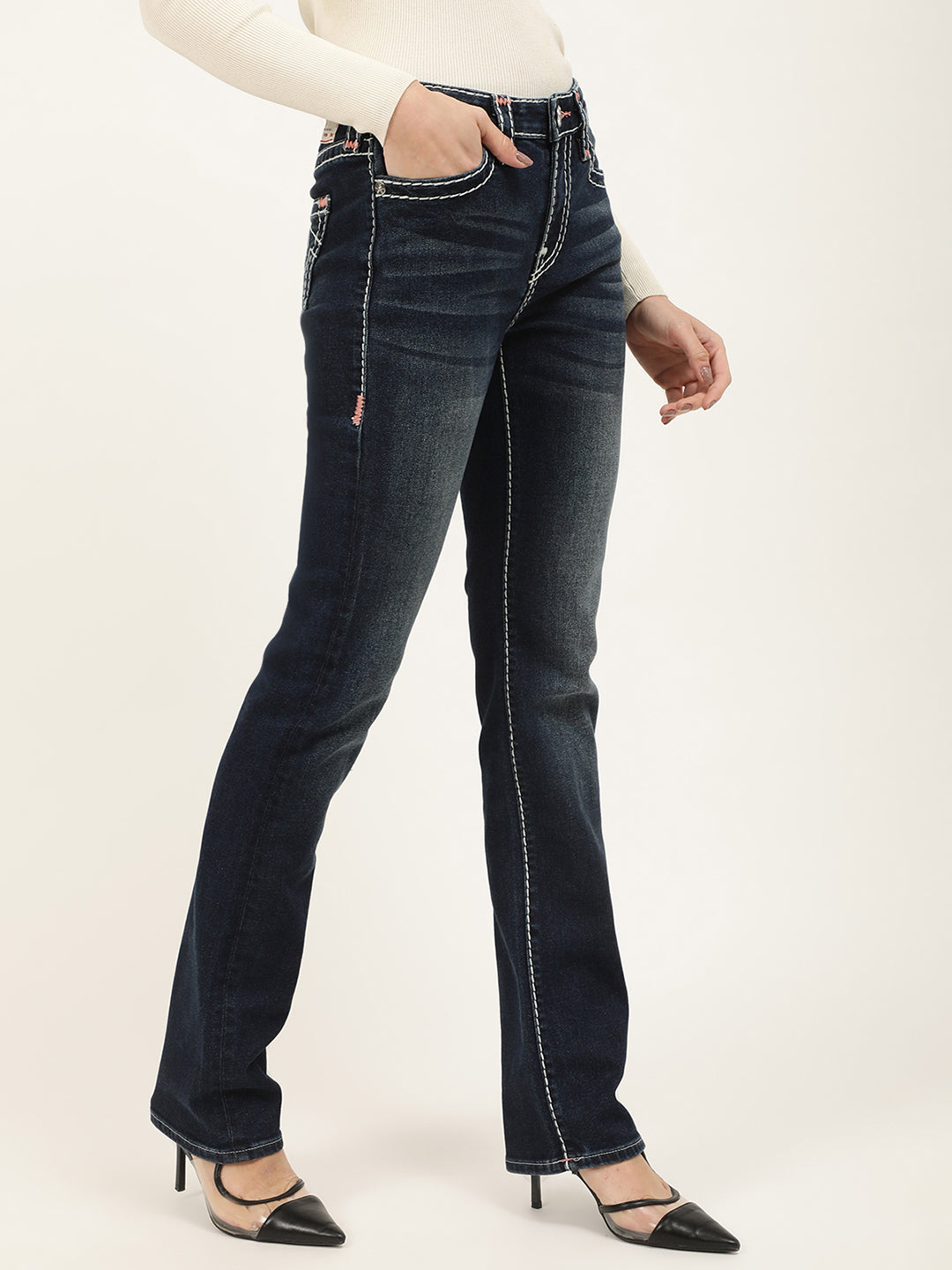 True Religion Women Blue Solid Straight Fit Jeans