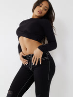 True Religion Big T Stitch Becca Bootcut Black Mid Rise Distressed Jeans