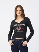 True Religion Women Black Notch Neck Tshirt