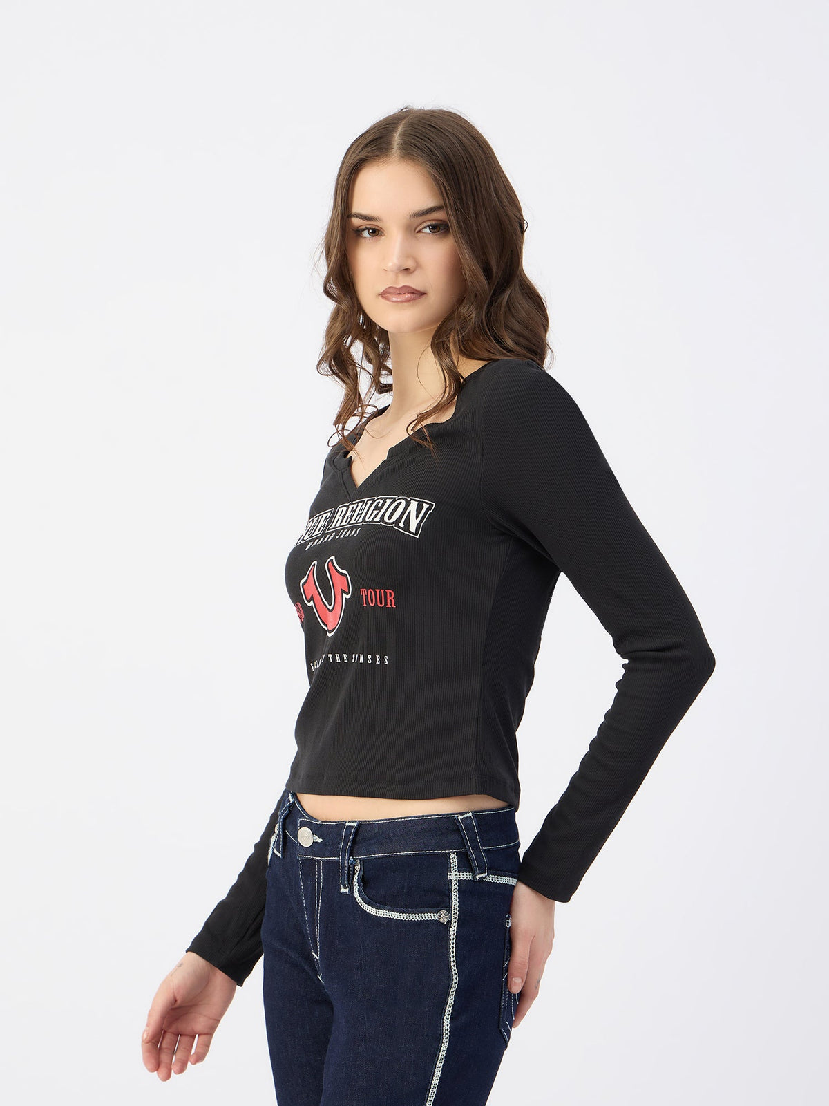 True Religion Women Black Notch Neck Tshirt