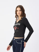 True Religion Women Black Notch Neck Tshirt