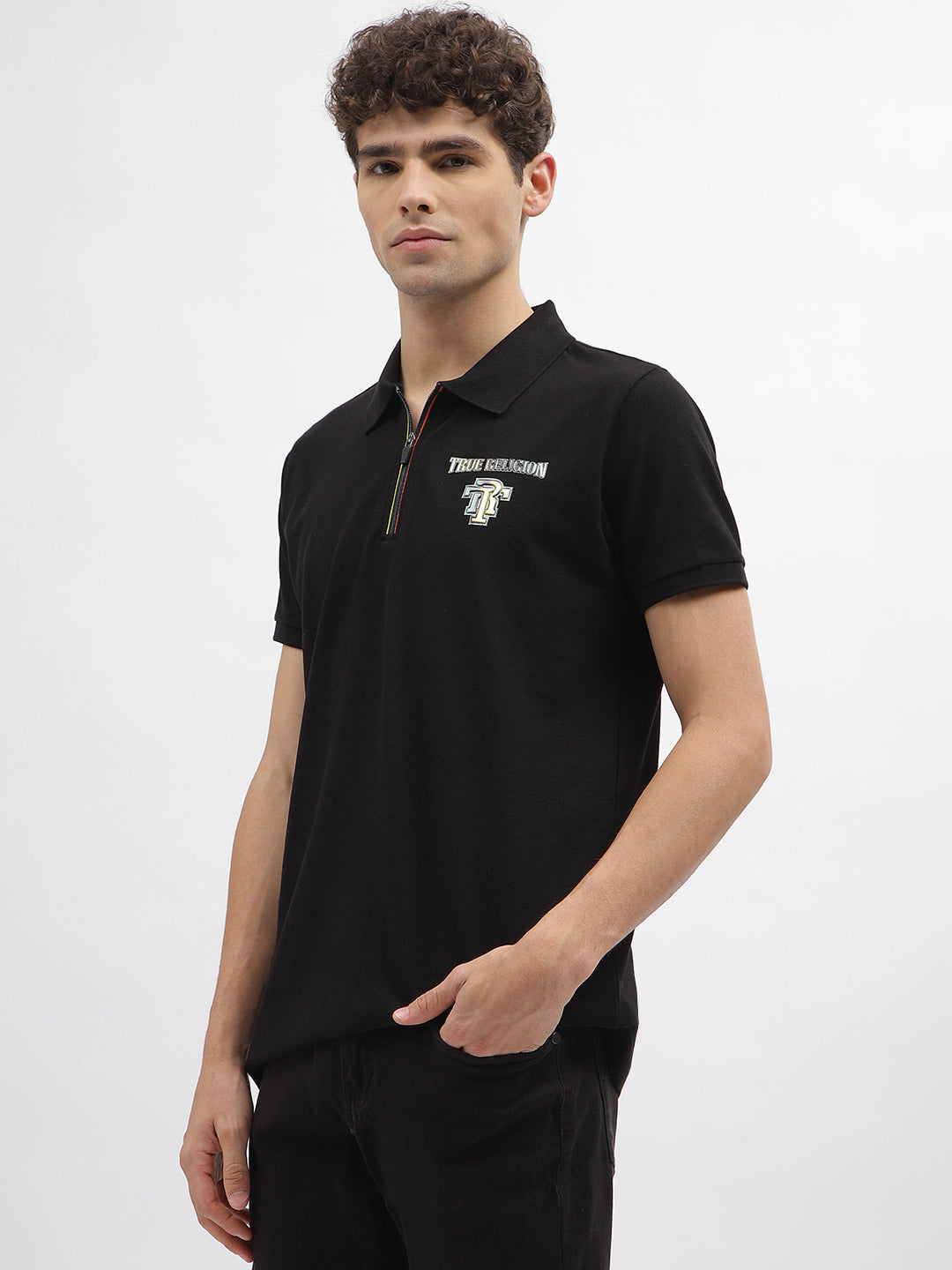 True Religion Men Black Solid Polo Collar Short Sleeves Tshirt