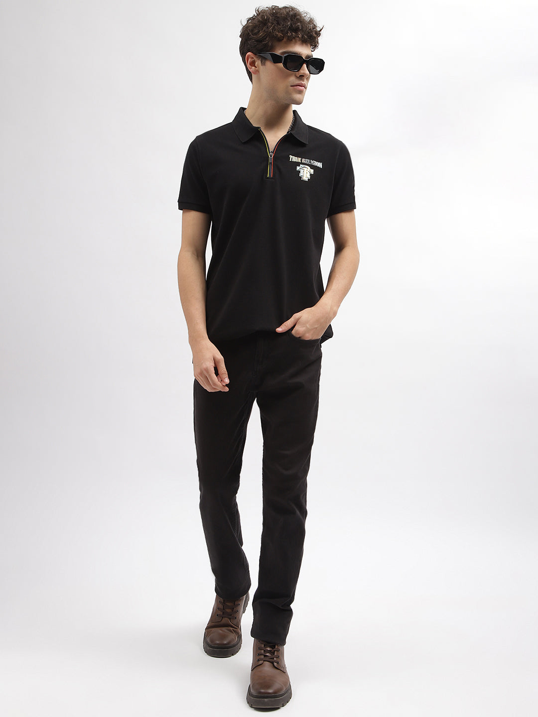 True Religion Men Black Solid Polo Collar Short Sleeves Tshirt