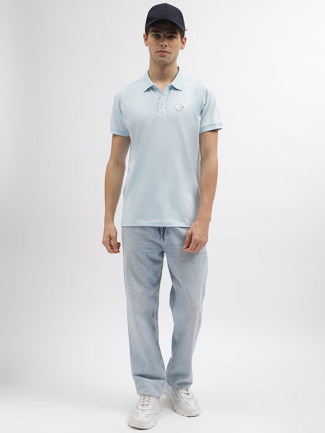 True Religion Men Blue Solid Polo Collar Short Sleeves Tshirt