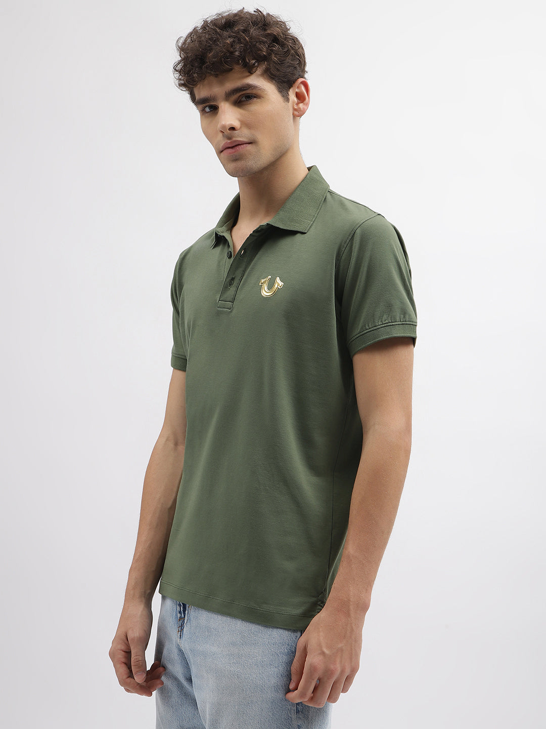 True Religion Men Green Solid Polo Collar Short Sleeves Tshirt