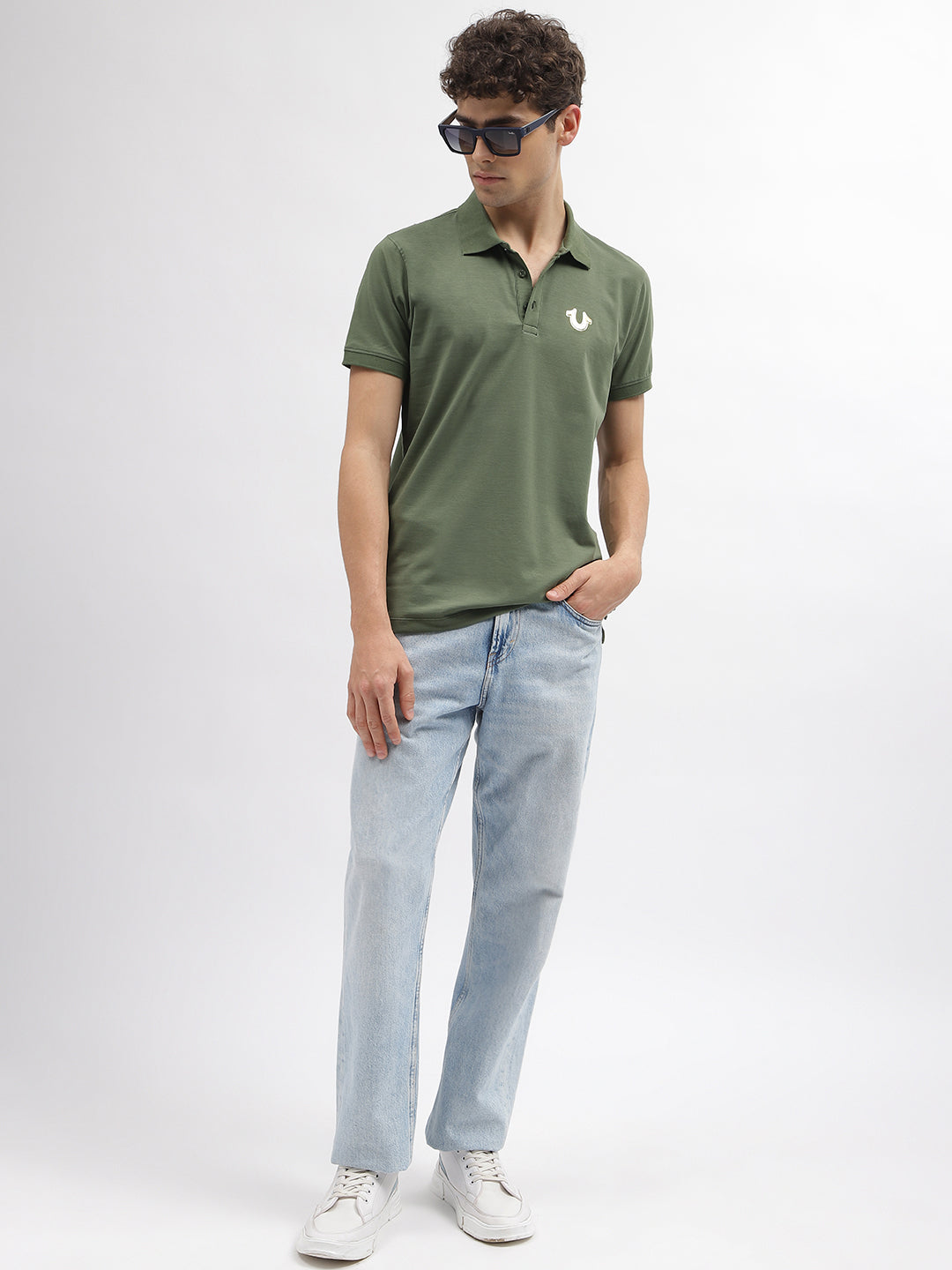 True Religion Men Green Solid Polo Collar Short Sleeves Tshirt