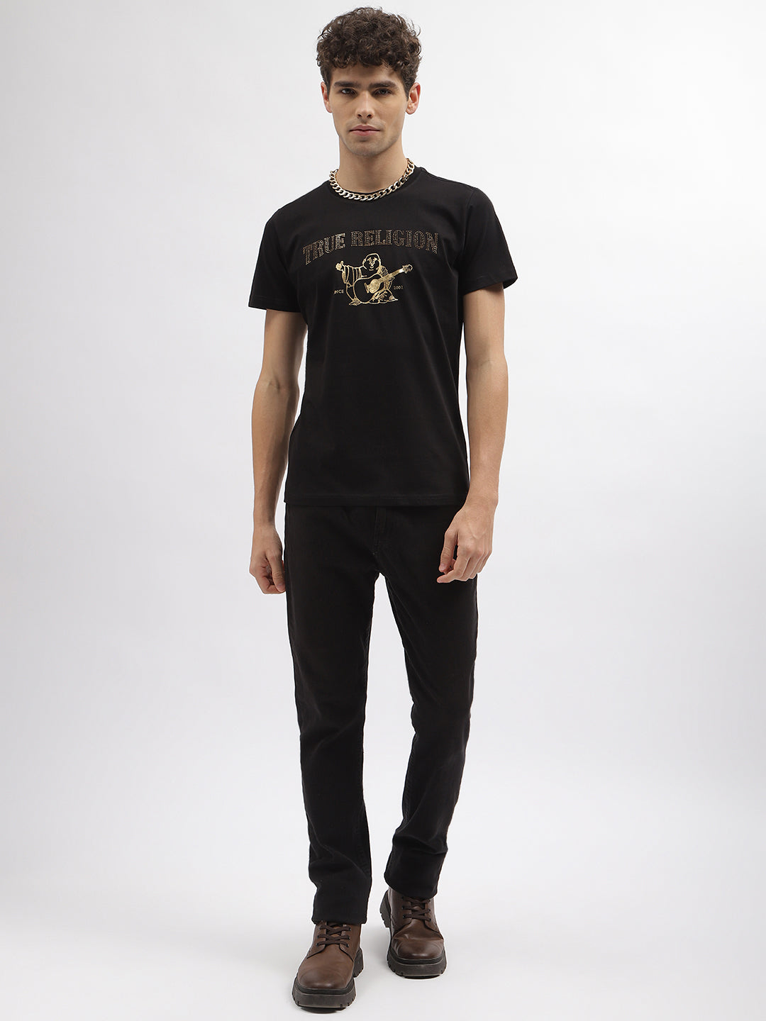 True Religion Men Black Printed Round Neck Short Sleeves Tshirt