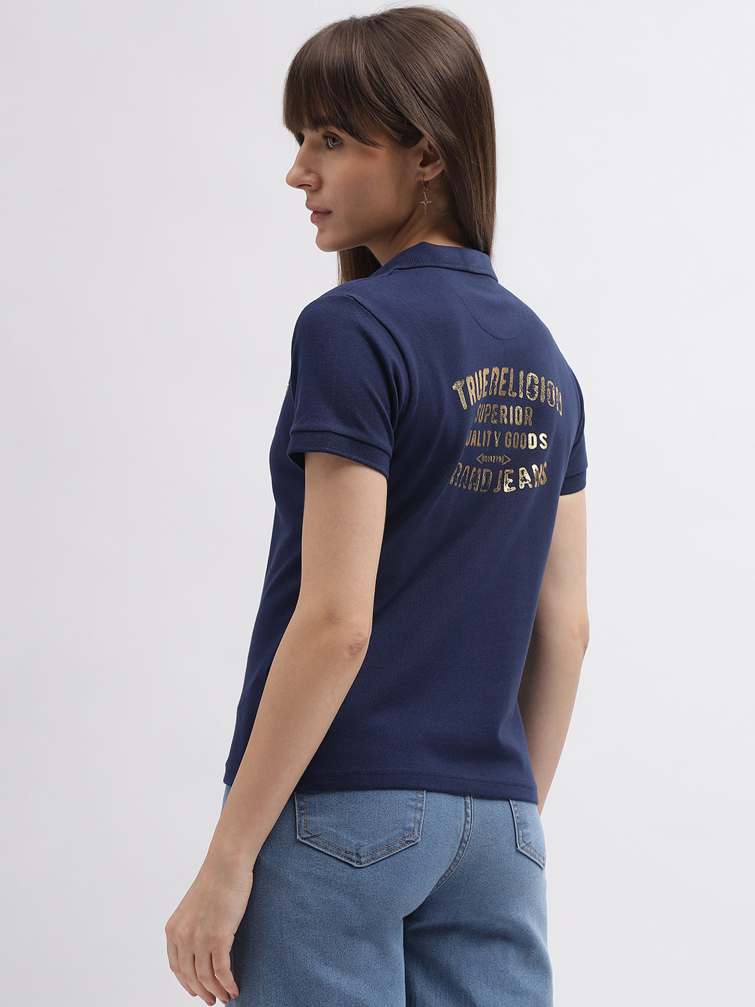 True Religion Women Blue Printed Polo Collar Short Sleeves Tshirt