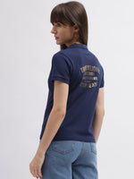 True Religion Women Blue Printed Polo Collar Short Sleeves Tshirt