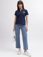 True Religion Women Blue Printed Polo Collar Short Sleeves Tshirt