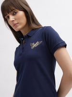 True Religion Women Blue Printed Polo Collar Short Sleeves Tshirt