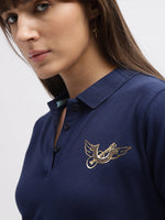 True Religion Women Blue Printed Polo Collar Short Sleeves Tshirt