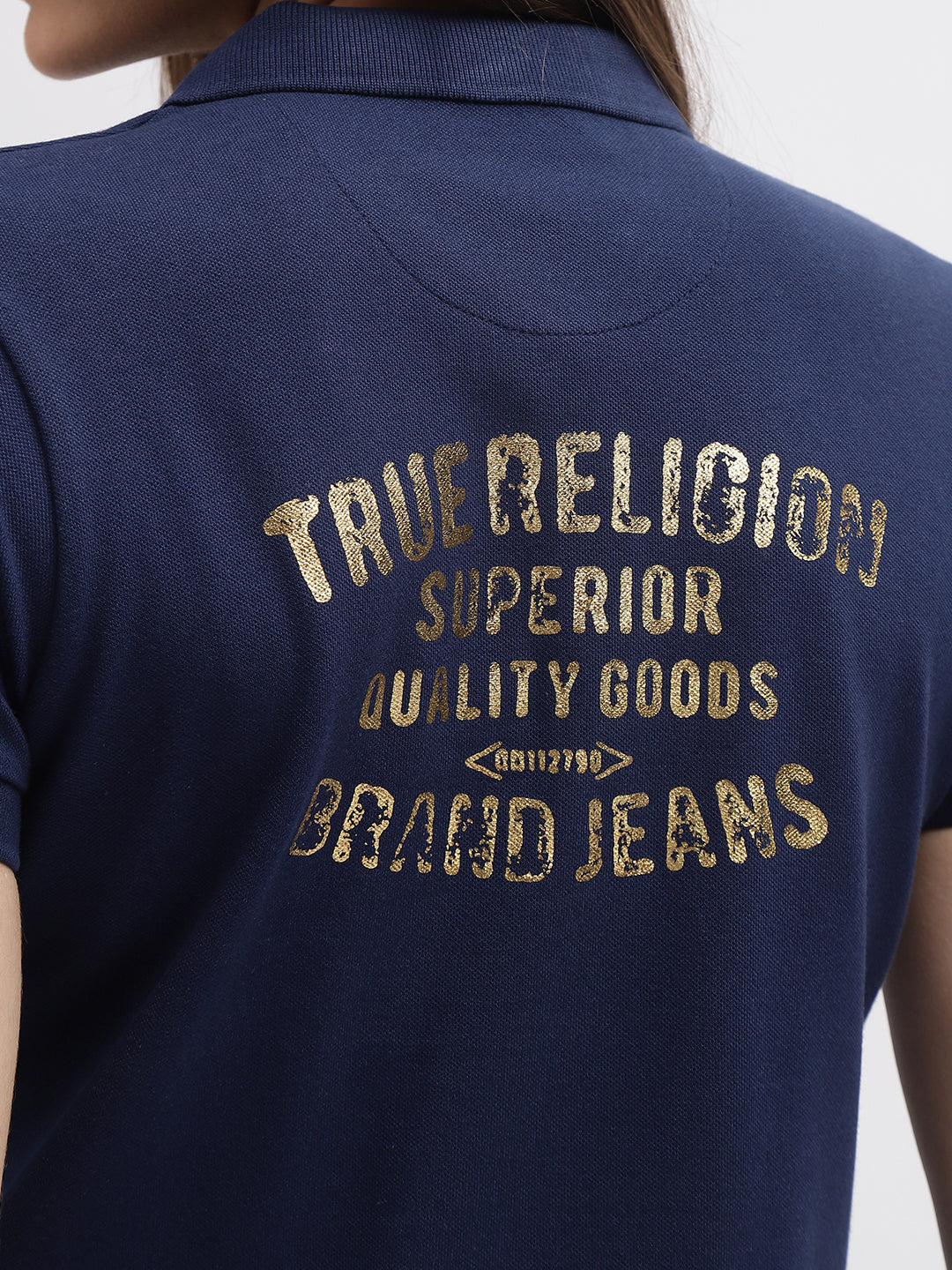 True Religion Women Blue Printed Polo Collar Short Sleeves Tshirt