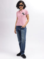 True Religion Women Pink Solid Polo Collar Short Sleeves T-Shirt