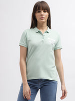 True Religion Women Green Solid Polo Collar Short Sleeves Tshirt