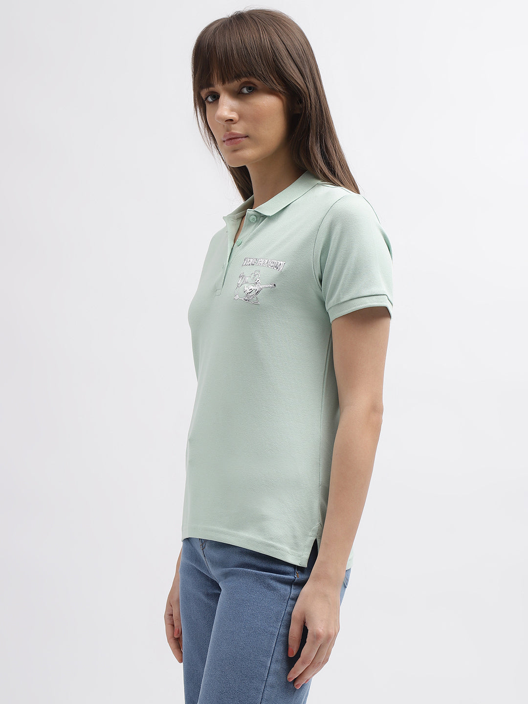 True Religion Women Green Solid Polo Collar Short Sleeves Tshirt
