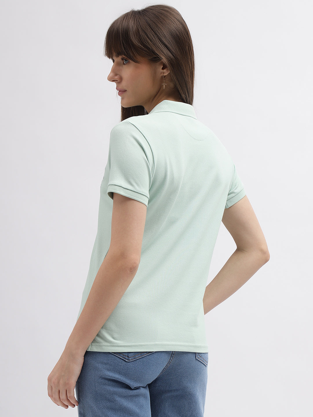 True Religion Women Green Solid Polo Collar Short Sleeves Tshirt
