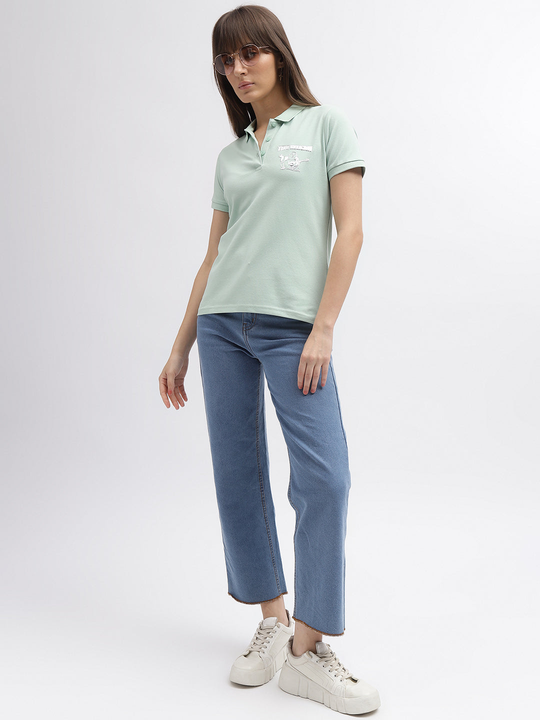 True Religion Women Green Solid Polo Collar Short Sleeves Tshirt
