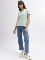 True Religion Women Green Solid Polo Collar Short Sleeves Tshirt