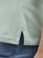 True Religion Women Green Solid Polo Collar Short Sleeves Tshirt