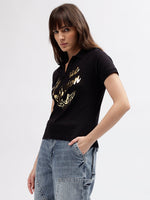 True Religion Women Black Printed Polo Collar Short Sleeves T-shirt