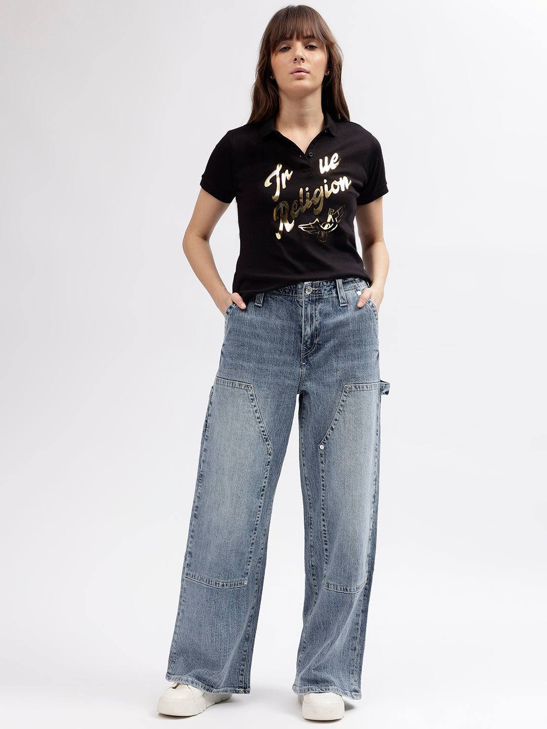 True Religion Women Black Printed Polo Collar Short Sleeves T-shirt