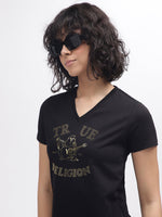 True Religion Women Black Printed V-Neck Short Sleeves T-Shirt