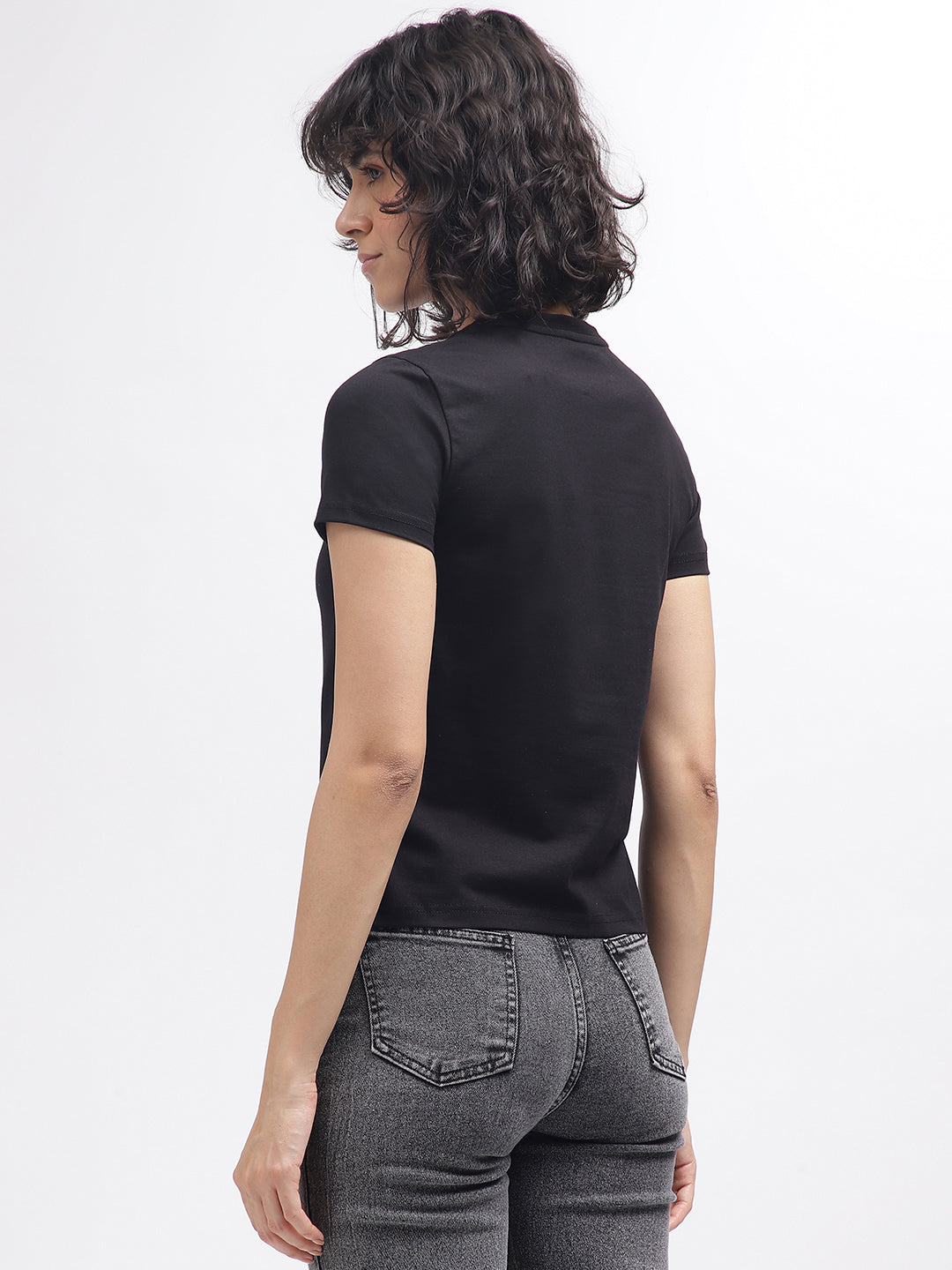 True Religion Women Black Printed V-Neck Short Sleeves T-Shirt