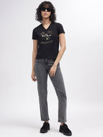 True Religion Women Black Printed V-Neck Short Sleeves T-Shirt