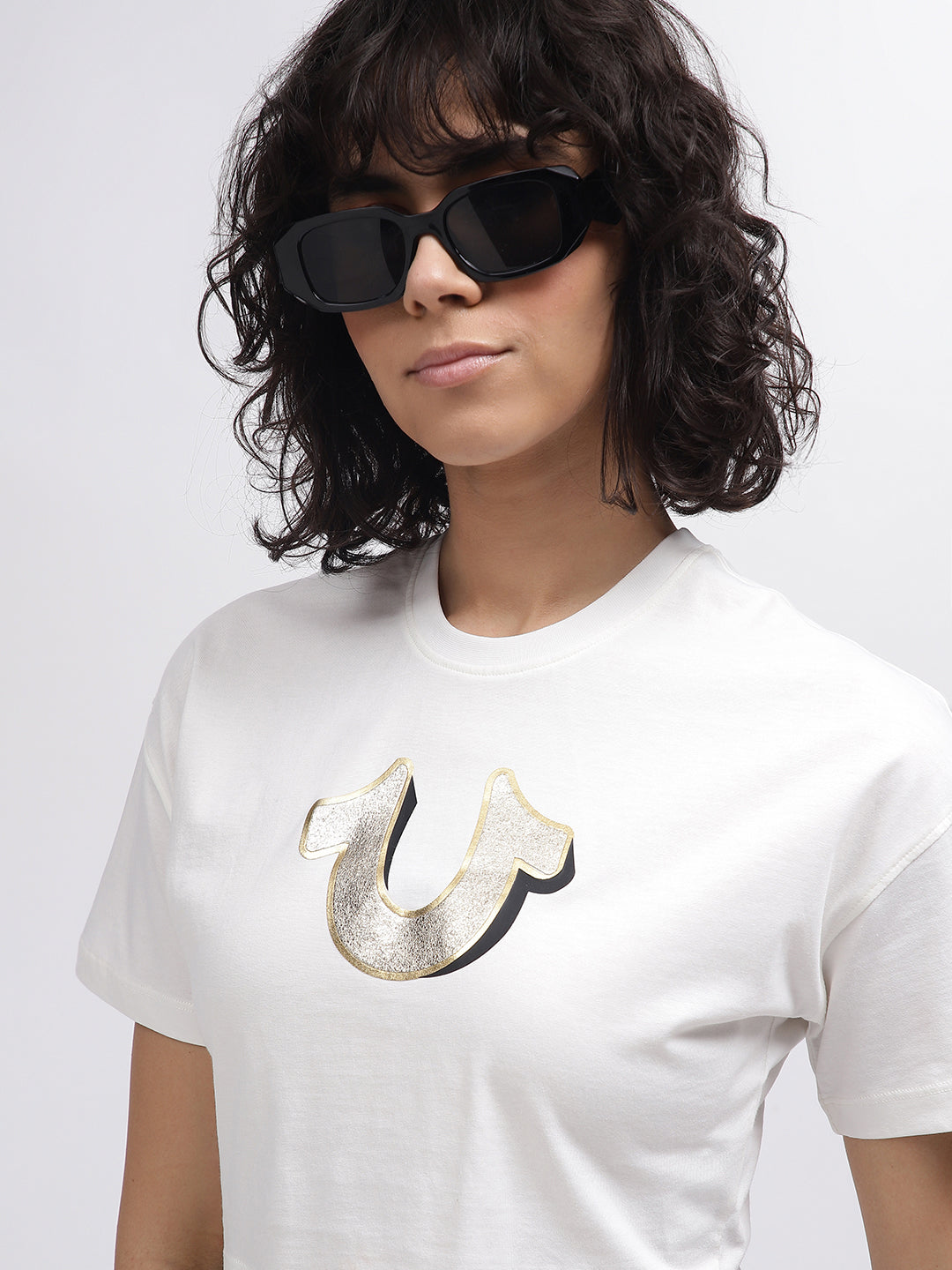 True Religion Women White Solid Round Neck Short Sleeves T-Shirt