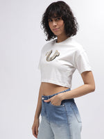 True Religion Women White Solid Round Neck Short Sleeves T-Shirt