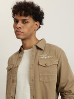 True Religion Men Beige Embroidered Spread Collar Full Sleeves Shirt